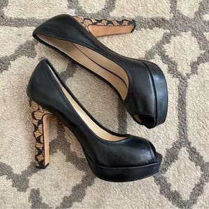 Coach Black Breana Leather Peep Toe Platform Pumps, Coach logo heels, size 7 1/2